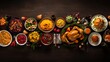Top view with space for text of a table laden with a variety of Thanksgiving dishes, showcasing the abundance and diversity of the meal, AI generated.