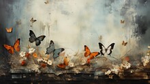 A Grungy Background With Butterflies And Flowers. Generative AI. 