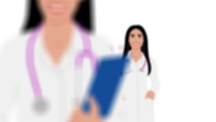 Wall Mural - Female healthcare worker. Happy smiling doctor with a stethoscope. A doctor in a white coat in different poses