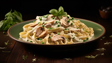 Chicken Alfredo, Tagliatelle with greens and cream sauce on a dark background, Fettuccine meal. created with Generative AI