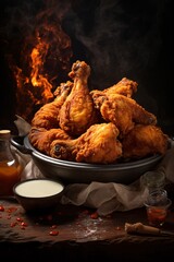 Wall Mural - Crispy fried chicken wings. Culinary photo, dark background. created with Generative AI