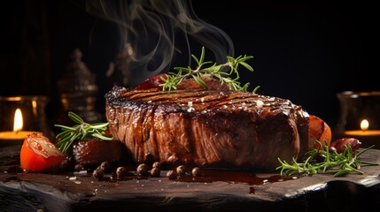 Wall Mural - Grilled beef steak with rosemary and vegetables on a black background. created with Generative AI