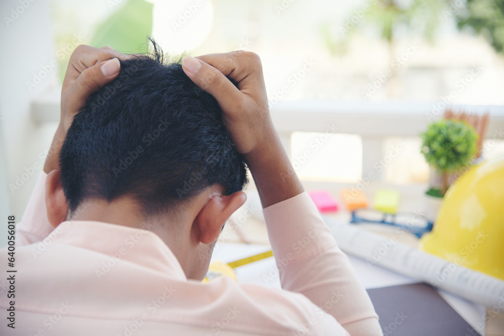 Asian young engineer man stress and failure in architecture project ...