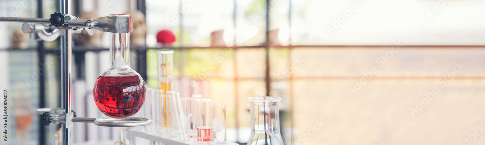 Banner Science chemistry glass tubes object on lab background. Wide Liquid tube biology laboratory chemical fluid scientist object medical glass tubes. Chemistry scientific background with Copy Space