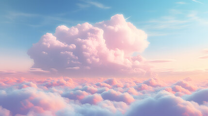 Beautiful aerial view above clouds at sunset, Beautiful cloudscape with blue sky and pink clouds. 3d illustration. Generated AI