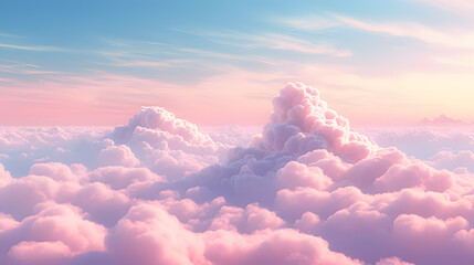 beautiful aerial view above clouds at sunset, beautiful cloudscape with blue sky and pink clouds. 3d
