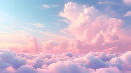beautiful aerial view above clouds at sunset, beautiful cloudscape with blue sky and pink clouds. 3d