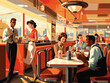 © Nathan Hutchcraft - An Illustration of a Retro Diner Scene, with Patrons in Exaggerated Proportions