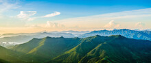 Green Mountain Nature Landscape At Sunrise. Panoramic View.
