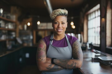 Wall Mural - Smiling portrait of a young female african american small business owner and entrepreneur in her shop