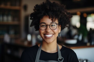 Wall Mural - Smiling portrait of a young female african american small business owner and entrepreneur in her shop