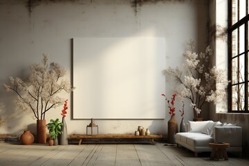 Wall Mural - A blank mockup canvas positioned amidst large potted plants within a rustic interior setting, evoking a natural and inviting ambiance. Photorealistic illustration, Generative AI