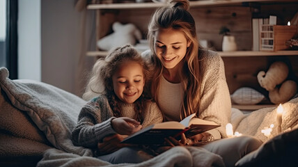 Wall Mural - photo of Happy family mother and daughter read a book in the daytime at home