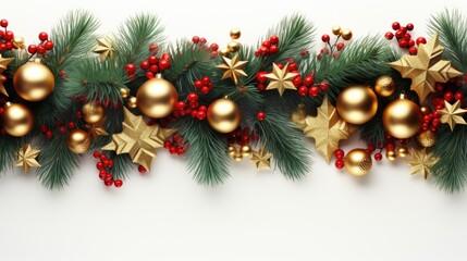 Festive Christmas garland, isolated on white background. Fir green branches are decorated with gold stars, fir cones and red berries. Christmas decor.