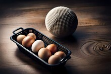 Overhead View Of Eggs In Metal Basket On Table