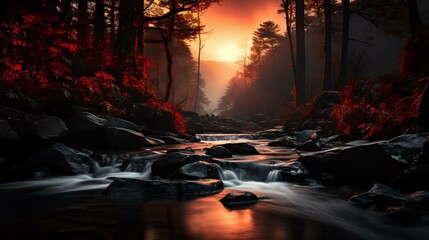 Wall Mural - Mountain Stream -Red  Color Splash - Autumn Leaves