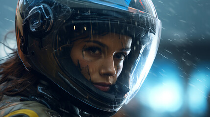 
beautiful girl with dirty face in racing helmet close up, AI generated