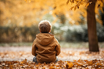 Wall Mural - Back view of a young boy kid sitting in an autumn park