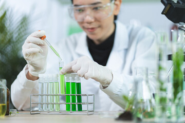 Wall Mural - science research technology of plant leaf laboratory for medicine chemistry, medicals scientist work