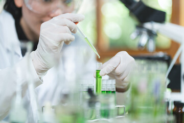 Wall Mural - science research technology of plant leaf laboratory for medicine chemistry, medicals scientist work