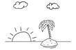 Digital png illustration of palm tree on desert island with clouds and sun on transparent background