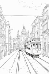 Wall Mural - Portugal Lisbon cityscape black and white coloring page for adults. European city buildings, street, landmarks vector outline doodle sketch for anti stress color book