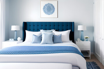 Bedroom preppy style interior with soft white fabrics and furnishings, and of course, lots of blue tones.