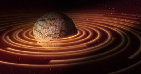 Wall Mural - abstract yellow brown space planet with a round asteroid belt ring futuristic hi-tech on the backgro