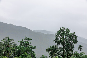 The natural background of the beautiful twilight sky, the surrounding atmosphere (trees, rivers, mountains) is a beautiful view of the journey, the view point.