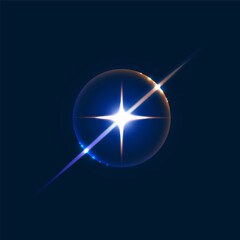 Wall Mural - Light flare sparkle, shine flash and glow effect of star burst on vector background. Sparkle flare of shiny sun or camera flash and ray beam with golden halo flare effect of sunlight in dark blue sky