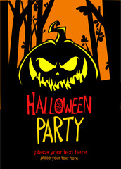 Wall Mural - Illustration of Halloween party poster or invitation with cartoon scary jack-o-lantern curved pumpkin head on it.  Vector isolated