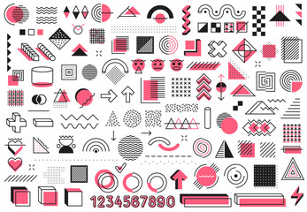 Memphis geometric shapes, patterns and elements. Minimalistic geometric design figures, funky circles, squares and wavy lines Memphis elements, abstract graphic vector shapes, geometric forms set