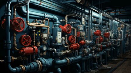 Wall Mural - Modern chemical industrial equipment, pipelines with valves for pumping liquids of oil, gasoline and diesel at an oil refinery petrochemical plant. 