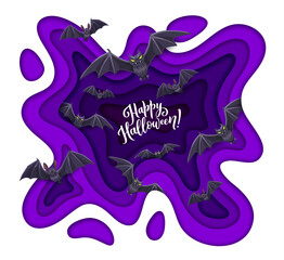 Wall Mural - Halloween paper cut flying bats, spooky 3d vector paper art featuring evil vampire animals against purple background inside of wavy layered frame. Haunting autumn decoration for Hallowmas holiday