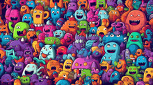 Vector Cute Doodle Monsters Seamless Pattern
