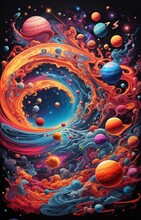 Vibrant And Surreal Cosmic Scene, With Swirling Galaxies, Stars, And Planets