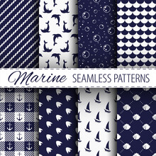 Marine Seamless Patterns Collection In White And Dark Blue Colors. Minimalist Trendy Contemporary Aqua Ornaments. Best For Textile, Wallpapers, Wrapping Paper, Package And Home Decoration.