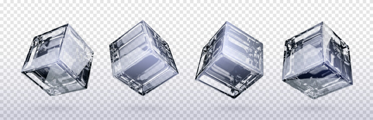 3d glass cube box vector isolated on transparent background. Crear black and white realistic geometric block with reflection. Glossy acrylic object design polygon set. Glassy futuristic art icon