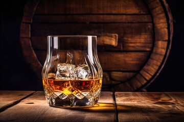 Wall Mural - Whiskey drinks. You need to drink whiskey with ice then the whiskey tastes better of an oak barrel. Alcoholic drink with ice whiskey or cognac close-up on the background of an oak barrel for aging.