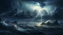Depiction Of A Stormy Sea With Lightning Coming Out