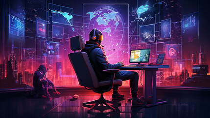 Wall Mural - Hacker with Generative AI Algorithm Committing Cybercrime in Futuristic Setting