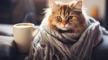 Important Cat In A Scarf With A Cup Of Coffee