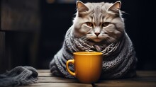 Important Cat In A Scarf With A Cup Of Coffee