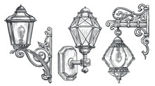 Wall Old Street Lamp. Vintage Lantern Sketch Vector Illustration Engraving Style