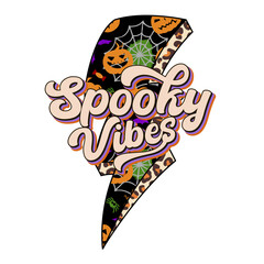 Spooky Vibes design with halloween leopard lightning bolt and retro vintage text, for halloween celebrating.