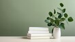 © Viktoriia Kan - Books with eucolyptus on wall background minimalist style