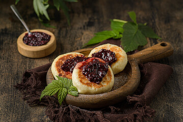 cottage cheese pancakes on a dark wooden background