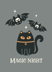 Halloween greeting card. Happy Halloween party vector illustration. Cute bats and black cat on a gray background. Magic night inscription. Design for flyer, banner, poster templates.