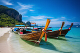 Fototapeta Morze - A tranquil row of colorful fishing boats on a Thai beach.