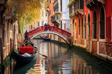 A Tranquil Gondola Ride Through The Narrow Canals Of Venice.